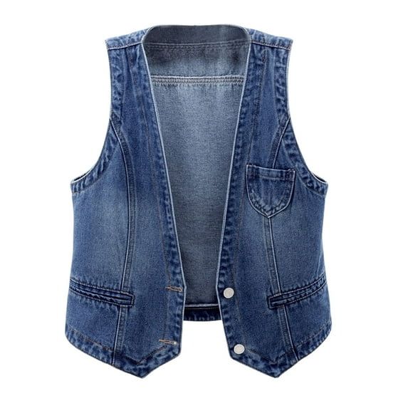 zbxnLI Women's Denim Vest Tops Sleeveless Jean Jacket Button down V Neck Fashion Outerwear S-5XL