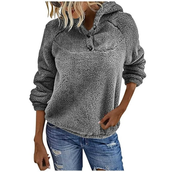 zbxnLI Women's Fleece Hoodie Plush Long Sleeve Buttons Sweatshirts Hooded Pullover Tops Fall Winter