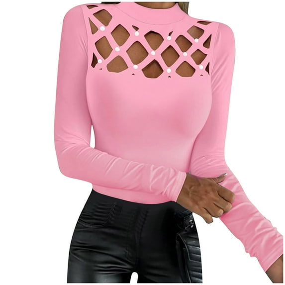 zbxnLI Women's Going out Tops Mock Neck Hollow out Long Sleeve Shirts Trendy Party Club Blouses for Women