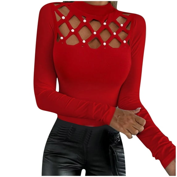 zbxnLI Women's Going out Tops Mock Neck Hollow out Long Sleeve Shirts Trendy Party Club Blouses for Women