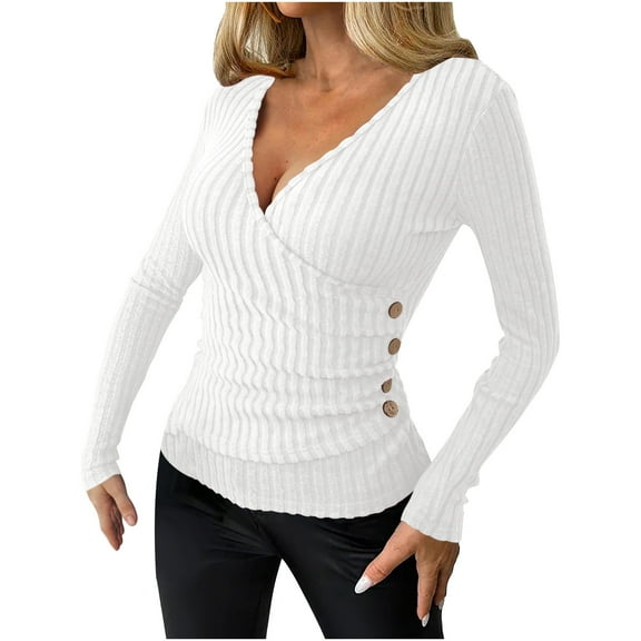 zbxnLI Women's Going out Tops Wrap V Neck Long Sleeve Shirts Ruched Side Trendy Slim Tight Tees