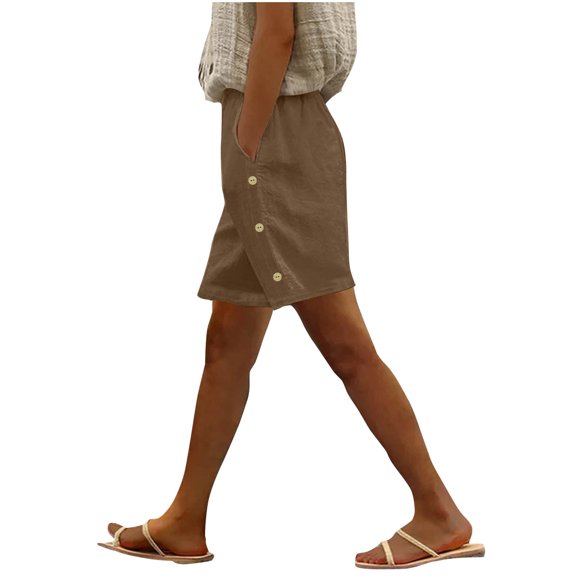 zbxnLI Women's Linen Shorts Casual with Pockets Elastic High Waist Summer Vacation Beach Shorts