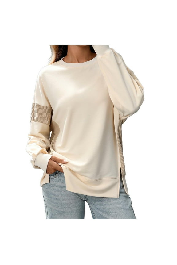 Women's Long Sleeve Sweatshirts Side Split Crew Neck Loose Sweat Shirts Pullover Tops Fall Clothes