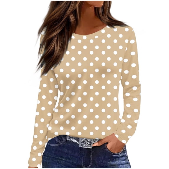 zbxnLI Women's Long Sleeve Tshirt Polka Dots Crew Neck Casual Clothes Tops Fall Loose Fashion Tee Shirts