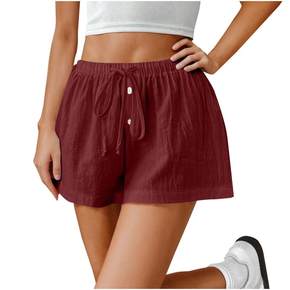 zbxnLI Women's Lounge Shorts Cotton Linen Drawstring Elastic Waist Wide Leg Casual Summer Beach Shorts