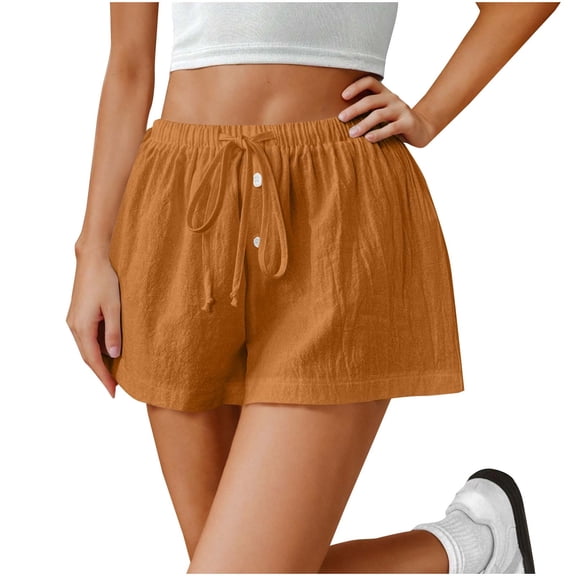 zbxnLI Women's Lounge Shorts Cotton Linen Drawstring Elastic Waist Wide Leg Casual Summer Beach Shorts