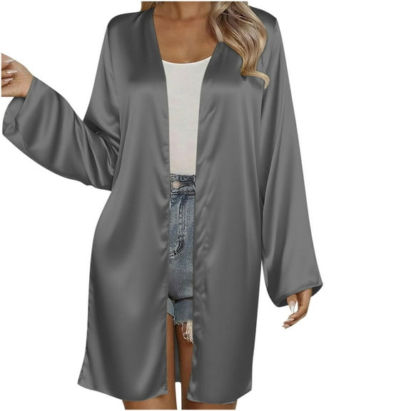 zbxnLI Women's Mid Length Cardigans Satin Silk Open Front Long Sleeve Cardigan Casual Lightweight Outwear