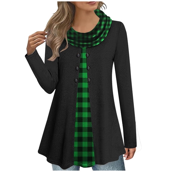 zbxnLI Women's Mock Collar Tunic Tops Long Sleeve Loose Casual Dressy Blouses Plaid Patchwork Shirts