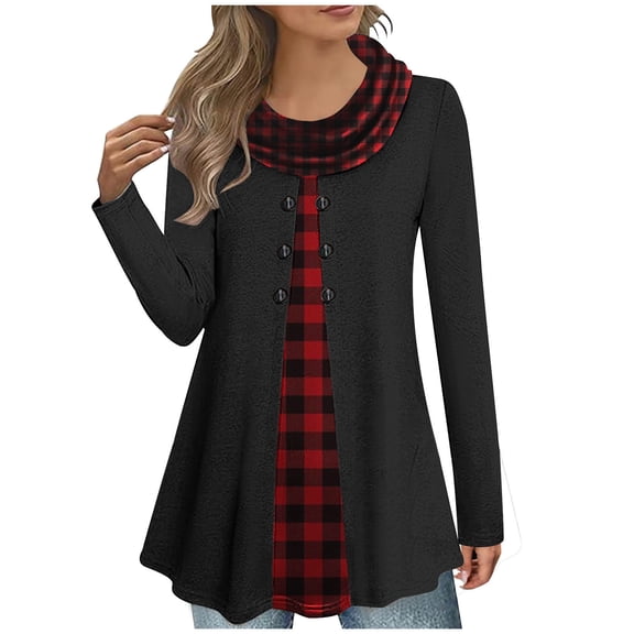 zbxnLI Women's Mock Collar Tunic Tops Long Sleeve Loose Casual Dressy Blouses Plaid Patchwork Shirts