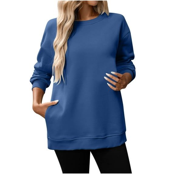 zbxnLI Women's Oversized Sweatshirts Side Pocket Womens Fall Fashion Long Sleeve Solid Color Pullover Tops