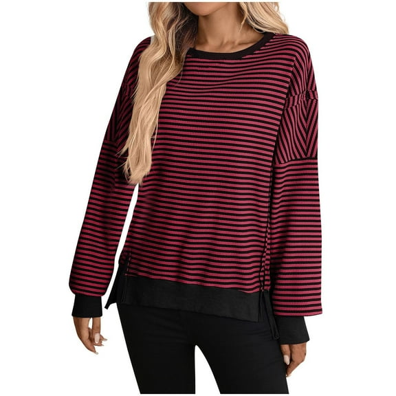 zbxnLI Women's Oversized Sweatshirts Striped Long Sleeve Crewneck Tops Casual Lightweight Pullover Athletic Shirts