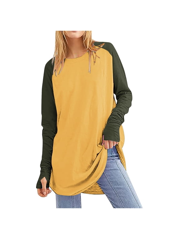 Women's Oversized T Shirts Long Sleeve Color Block Casual Tops with Thumbholes Loose Basic Tee