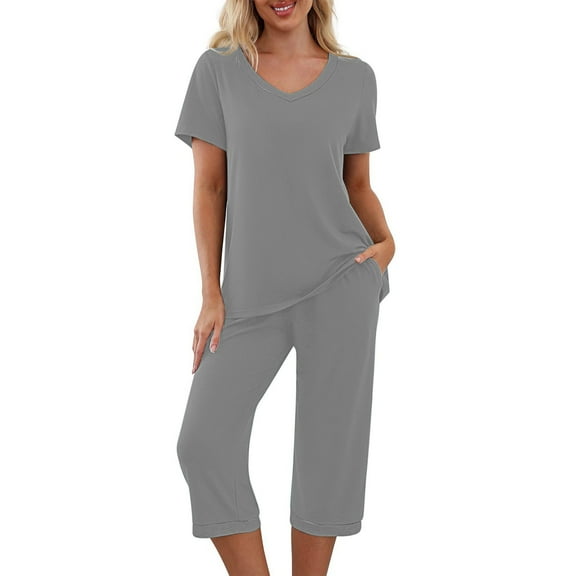 zbxnLI Women's Pajama Sets Casual Short Sleeve Sleep Tops Capri Pants Pjs Sets Loungewear Outfits