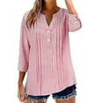 thumbnail image 1 of zbxnLI Women's Plaid Blouse V Neck Buttoned Tops 3/4 Sleeve Shirts Loose Pullover Top Fashion Summer Clothes, 1 of 6