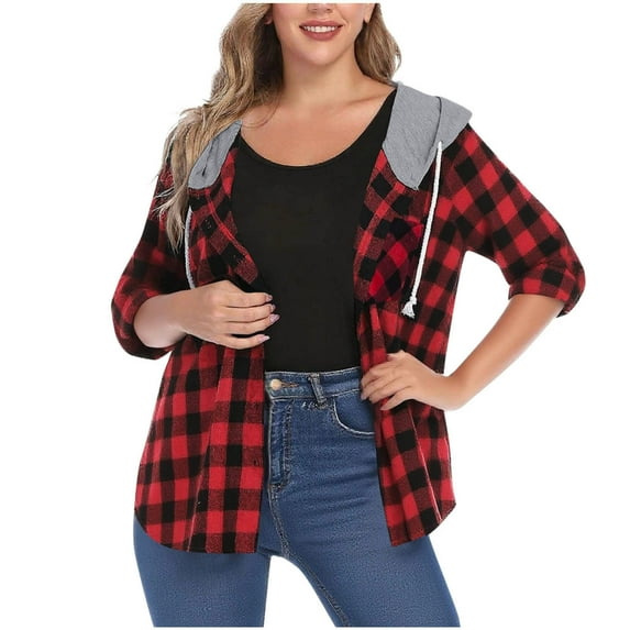 zbxnLI Women's Plaid Button down Shirt Hooded Casual Jacket Spring Fall Long Sleeve Outerwear Jackets