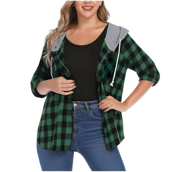 zbxnLI Women's Plaid Button down Shirt Hooded Casual Jacket Spring Fall Long Sleeve Outerwear Jackets