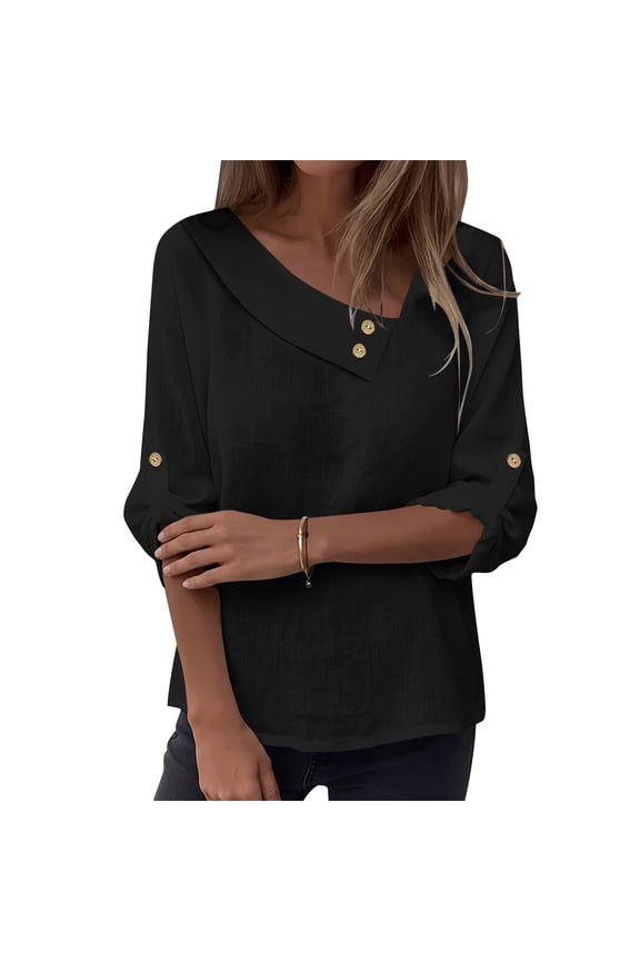 Women's Plain Tops Trendy Button V Neck Blouse 3/4 Sleeve Shirt Cotton Linen Top Spring Summer Clothes