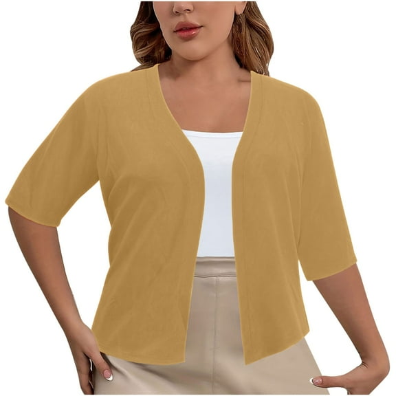 zbxnLI Women's Plus Size Cardigans Short Sleeve Open Front Casual Solid Color Lightweight Jackets