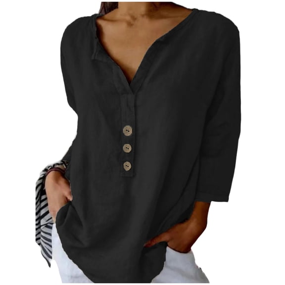 zbxnLI Women's Plus Size Lounge Tops 3/4 Sleeve Blouse Button V Neck Top Loose Lightweight Blouses Summer Outfits