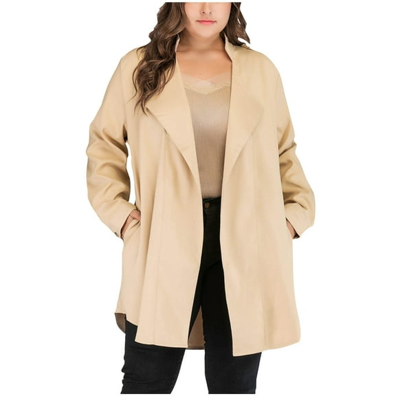 zbxnLI Women's Plus Size Trench Coats Trendy Long Sleeve Open Front Lightweight Fall Winter Coat Outerwear