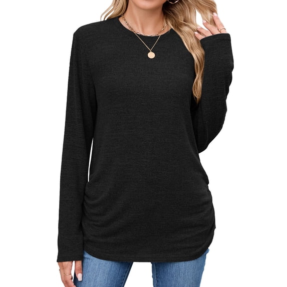 zbxnLI Women's Pullover Long Sleeve Shirts Crew Neck Casual Loose Top Fall Fashion Tunic Tops Ruched Outfits