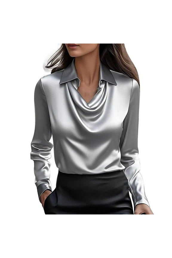 Women's Satin Blouses Cowl Neck Collared Long Sleeve Shirts Business Work Office Tops for Ladies