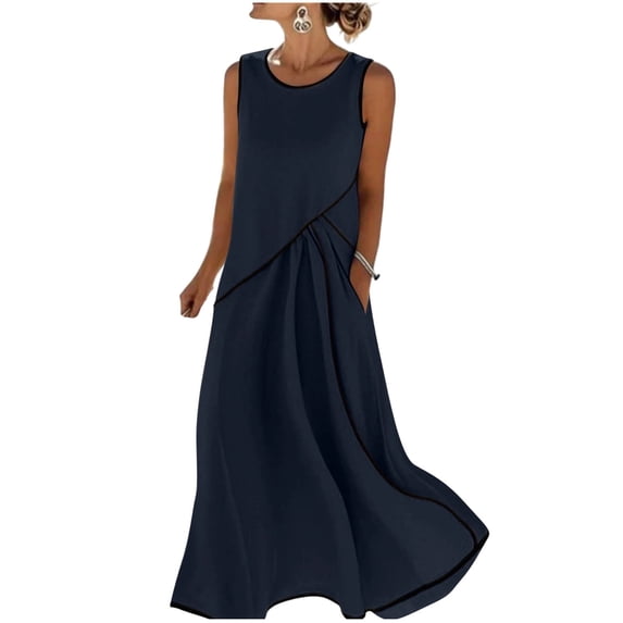 zbxnLI Women's Sleeveless Maxi Tank Dress Summer Cotton Linen Tanks Dresses with Pockets Fashion Flowy Hem Sundress