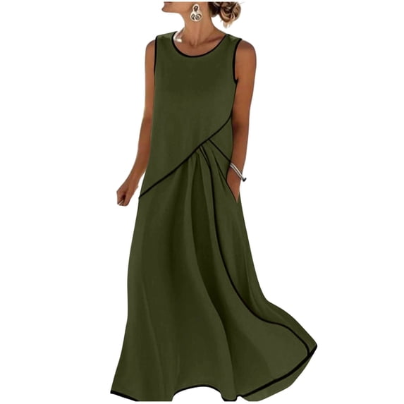 zbxnLI Women's Sleeveless Maxi Tank Dress Summer Cotton Linen Tanks Dresses with Pockets Fashion Flowy Hem Sundress