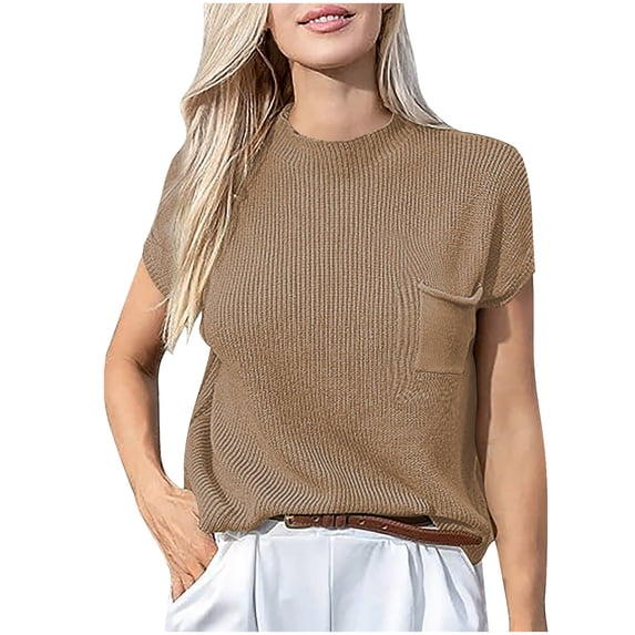 zbxnLI Women's Sweater Short Sleeve Casual Knit Tunic Tops Lightweight Pullover Blouses Sweaters with Pocket