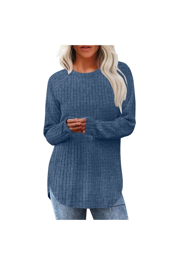 Women's Sweaters Knit Long Sleeve Tunic Tops Crew Neck Loose Pullover Sweater Solid Color