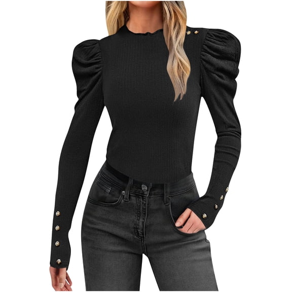 zbxnLI Women's Sweaters Puff Long Sleeve Crew Neck Sweater Fall Trendy Ribbed Knit Pullover Tops Tunic Top