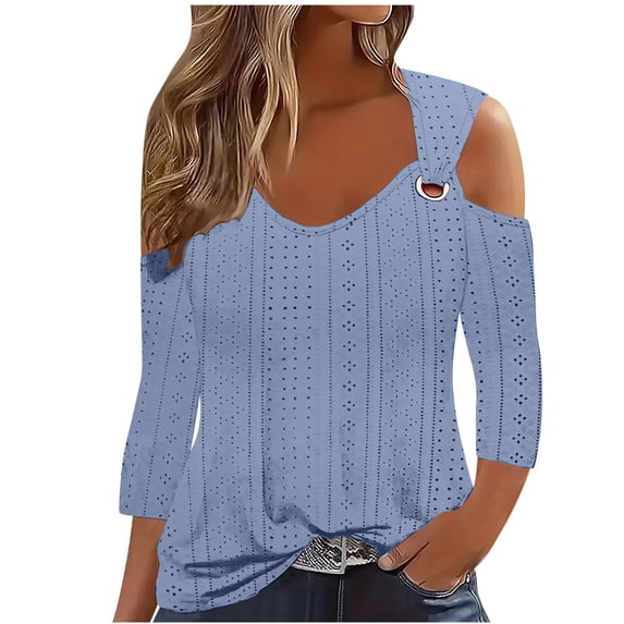 zbxnLI Women's Tops V Neck 3/4 Sleeve Top Cold Shoulder Blouse Tunic Basic Tee Ladies Spring Summer Outfits S-5XL
