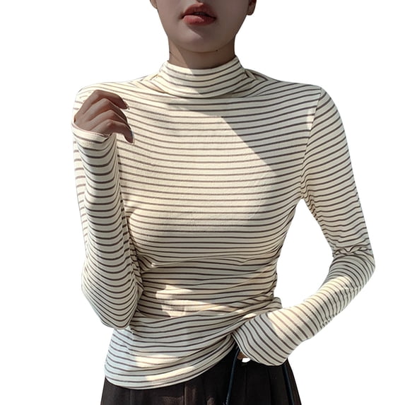 zbxnLI Women's Turtleneck Shirts Long Sleeve Slim Striped Casual Clothes Fashion Comfy Outfits Tops