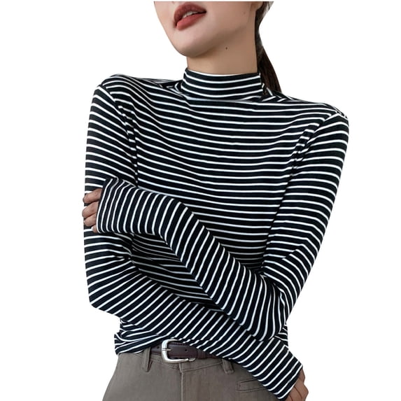 zbxnLI Women's Turtleneck Shirts Long Sleeve Slim Striped Casual Clothes Fashion Comfy Outfits Tops