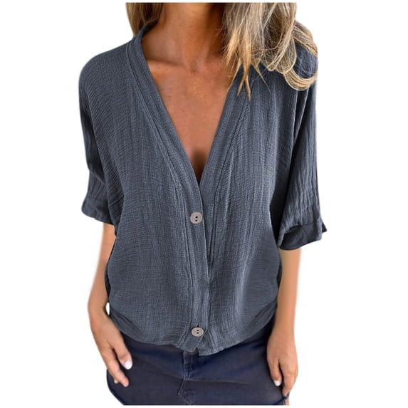 zbxnLI Women's V Neck Blouses Shirts Casual Stylish Half Sleeve Button down Front Loose Plain Summer Flowy Tee Tops
