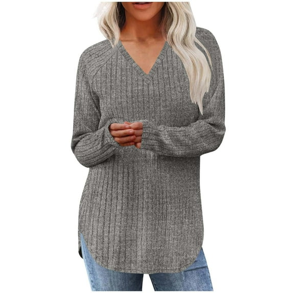 zbxnLI Women's V Neck Tunic Tops Long Sleeve Shirt Casual Dressy Blouses Loose Knit Pullover Sweaters