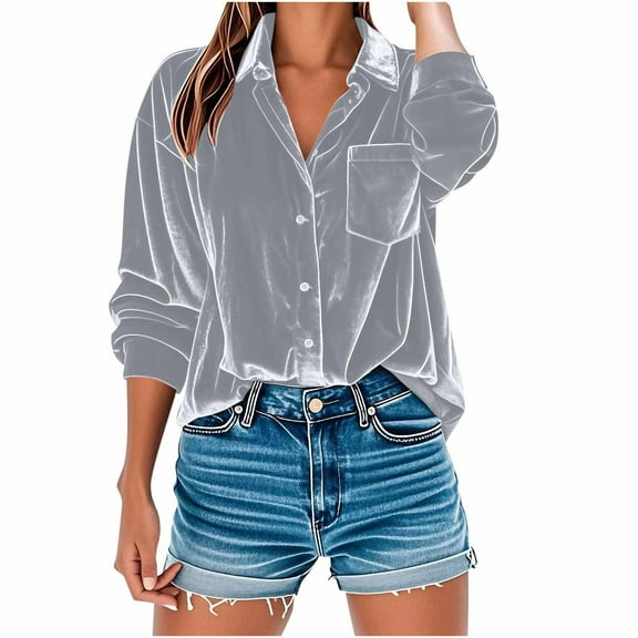 zbxnLI Women's Velvet Button down Shirt Vintage Blouses Long Sleeve Collared Dressy Tops for Women