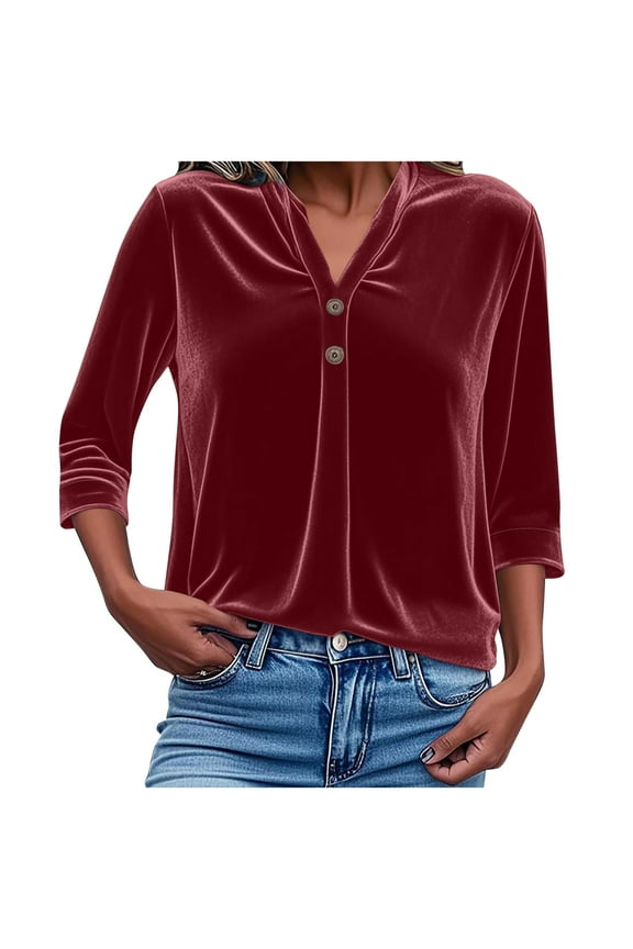Women's Velvet Velour Tops 3/4 Length Sleeve Shirts V Neck Vintage Casual Dressy Blouses