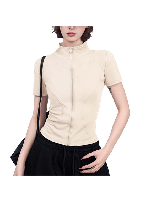 Women's Workout Jackets Quick Dry Tops Zipper Slim Yoga Sportwear Stretchy Cropped Running Jacket Summer Outfits