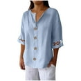 thumbnail image 1 of zbxnLI Women's cotton linen Blouse Buttoned v neck Tops 3/4 Sleeve Shirts lightweight casual Pullover Top plain clothes, 1 of 5