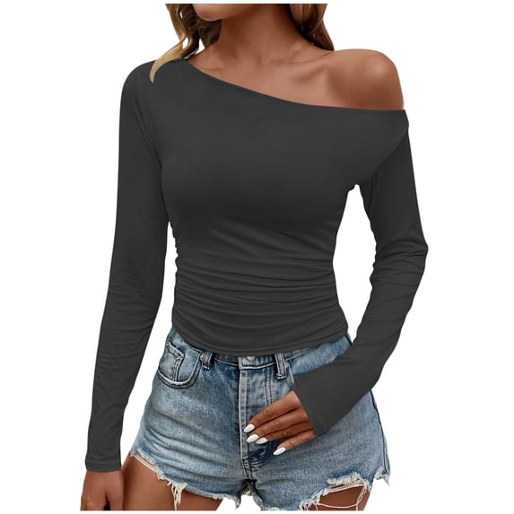 zbxnLI Women's off Shoulder Shirts Ruched Slim Long Sleeve Tee Tops Fashion Going out Casual Clothes Outfits