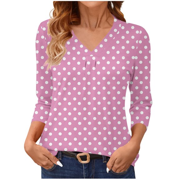 zbxnLI Womens 3/4 Length Sleeve Tops Pleated V Neck Loose Casual Dressy Blouses Women's Tunic Shirts