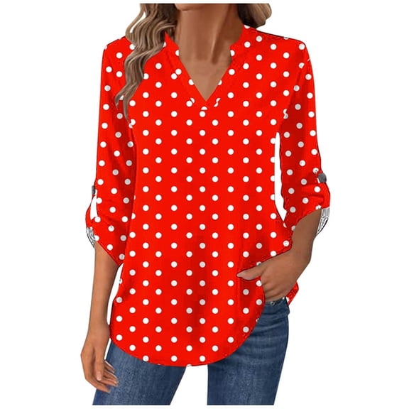 zbxnLI Womens 3/4 Length Sleeve Tunic Tops Casual V-Neck Polka Dot for Women Shirts Dressy Basic Work Blouse