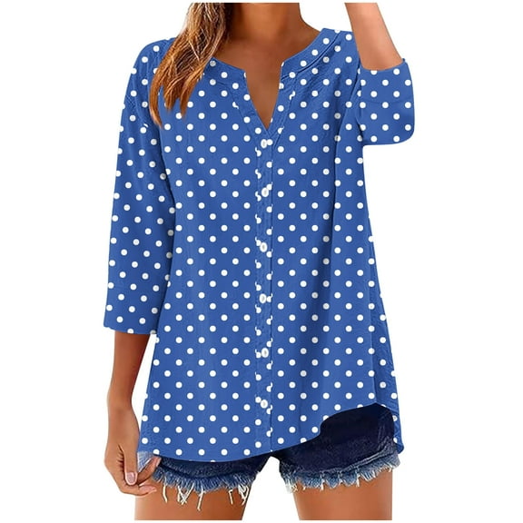 zbxnLI Womens 3/4 Sleeve Button down Blouse V Neck Polka Dot Tops Ladies Work Office Blouses Casual Loose Outfits