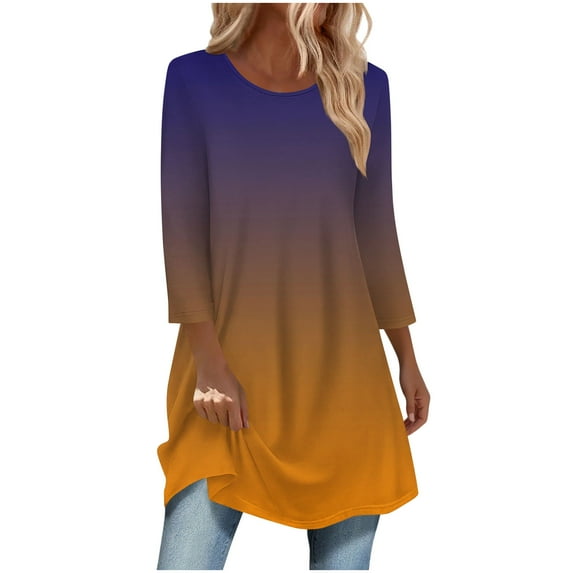 zbxnLI Womens 3/4 Sleeve Shirts Gradient Graphic Tee Casual Loose Fall Cute Tunic Tops with Leggings