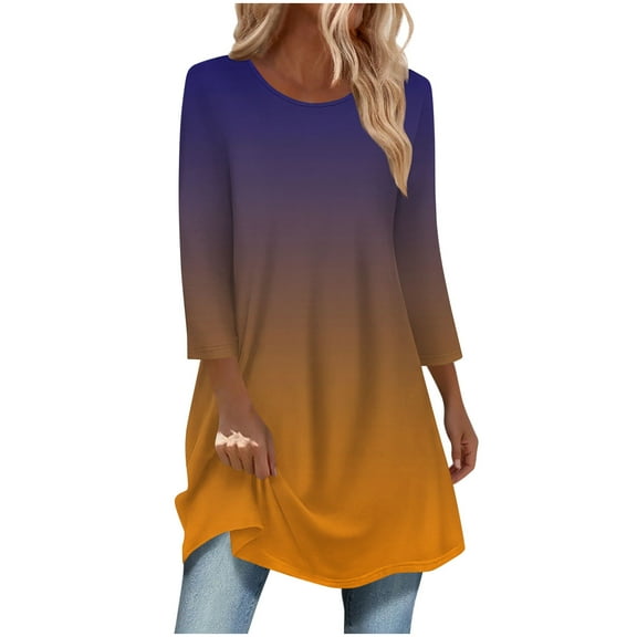 zbxnLI Womens 3/4 Sleeve Shirts Gradient Graphic Tee Casual Loose Fall Cute Tunic Tops with Leggings