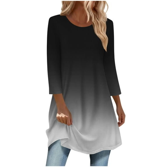 zbxnLI Womens 3/4 Sleeve Shirts Gradient Graphic Tee Casual Loose Fall Cute Tunic Tops with Leggings