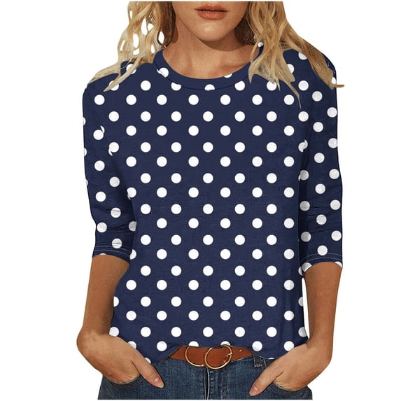 zbxnLI Womens 3/4 Sleeve Tops Crew Neck T Shirts Polka Dot Tunic Top Dressy Work Blouse Fashion Spring Clothes S-5XL