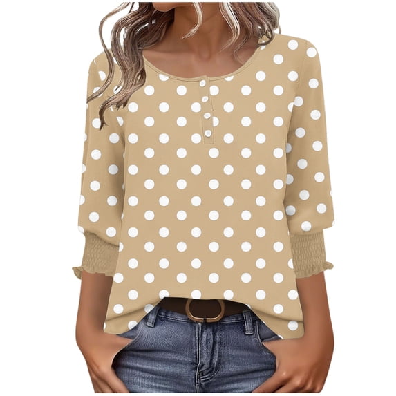 zbxnLI Womens 3/4 Sleeve Tops with Buttons Crew Neck Casual Blouses Smocked Cuffed Cute Tunic Shirts