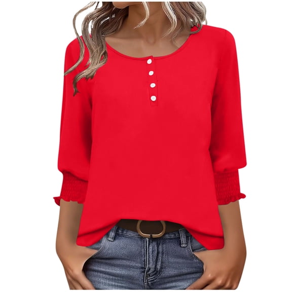 zbxnLI Womens 3/4 Sleeve Tops with Buttons Crew Neck Casual Blouses Smocked Cuffed Cute Tunic Shirts